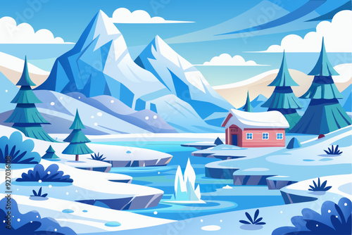 Snowy Mountain Landscape with Cabin by a Frozen River