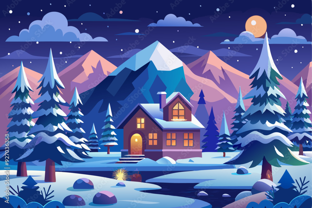 Fototapeta premium A Cozy Cabin Nestled in a Snowy Mountain Landscape Under a Starry Night Sky