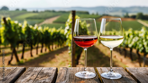 glasses of pink wine are on a wooden table, with a vineyard in the background