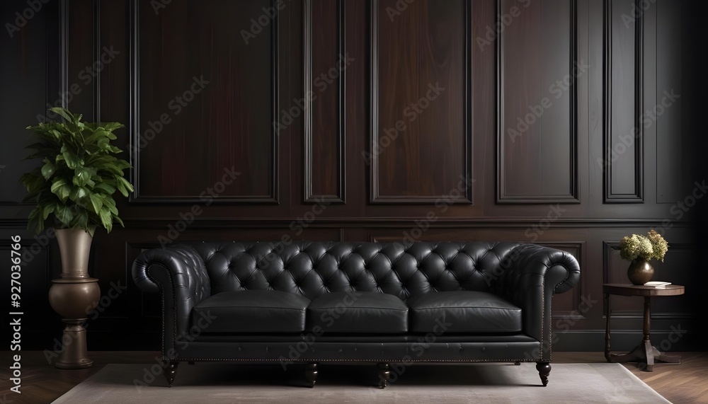 Obraz premium A black leather tufted sofa in a dark, elegant room with wooden paneled walls