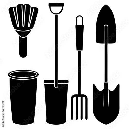 A set of gardening items gloves boot shovel on white background silhouette vector illustration