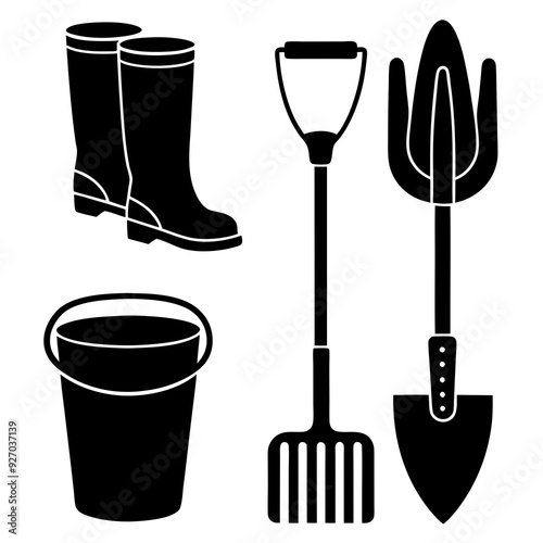 A set of gardening items gloves boot shovel on white background silhouette vector illustration