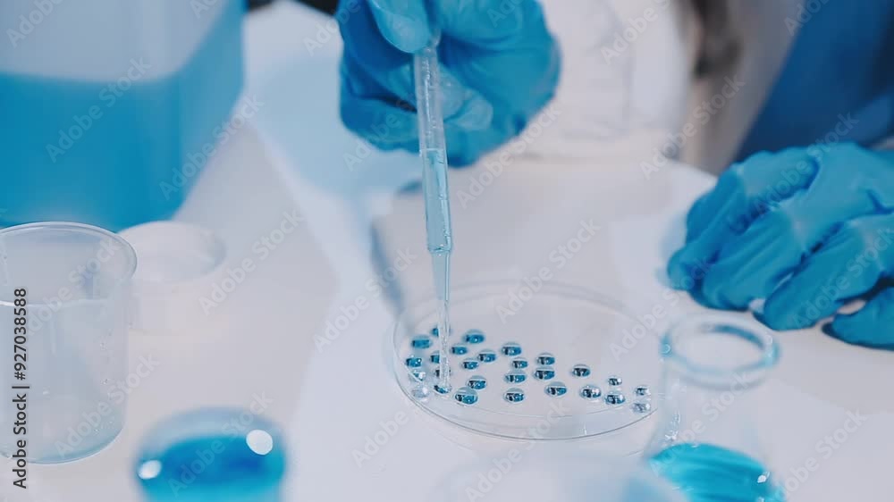 Medical or scientific researcher or man doctor looking at a test tube of clear solution in a laboratory Medical or scientific researcher or man doctor looking at a test tube of clear solution in a laboratory