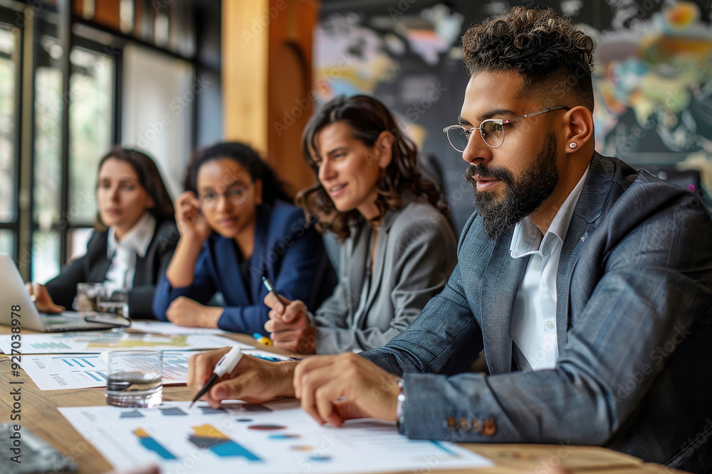 Focused Business Team Analyzing Data in Meeting