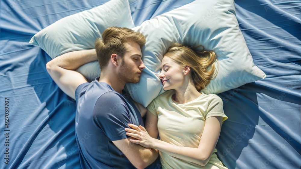 Obraz premium top view of a young couple lying face