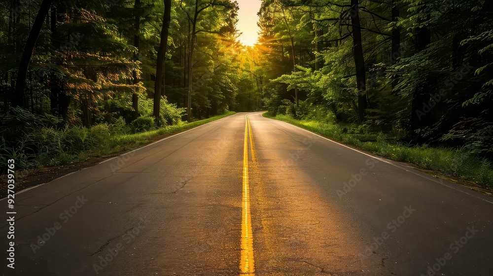Fototapeta premium A winding asphalt road through a dense green forest, with the sun shining through the trees.