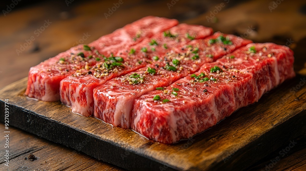 Fresh, raw beef steak rests invitingly on rustic wooden board, ready for culinary transformation Fresh, raw beef steak rests invitingly on rustic wooden board, ready for culinary transformation