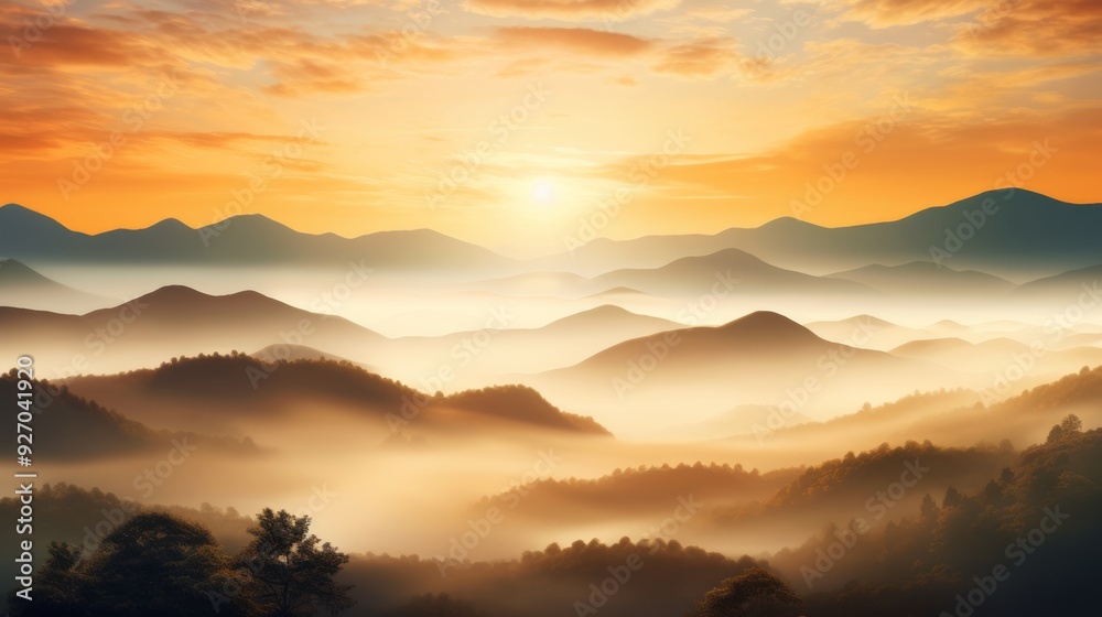 Serene sunrise over foggy hills, warm glow spreading across landscape Serene sunrise over foggy hills, warm glow spreading across landscape