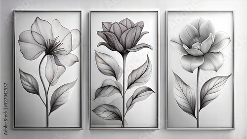 set of three vertical poster , minimalist  floral smoky art