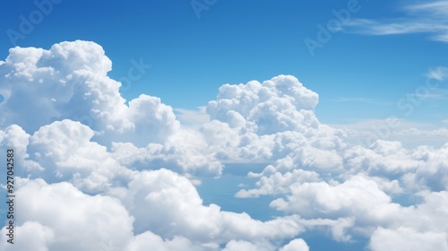 Puffy cumulus clouds in a bright blue sky with plenty of room for copy