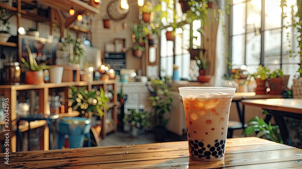 Bubble milk tea in a clear plastic cup on a wood table  