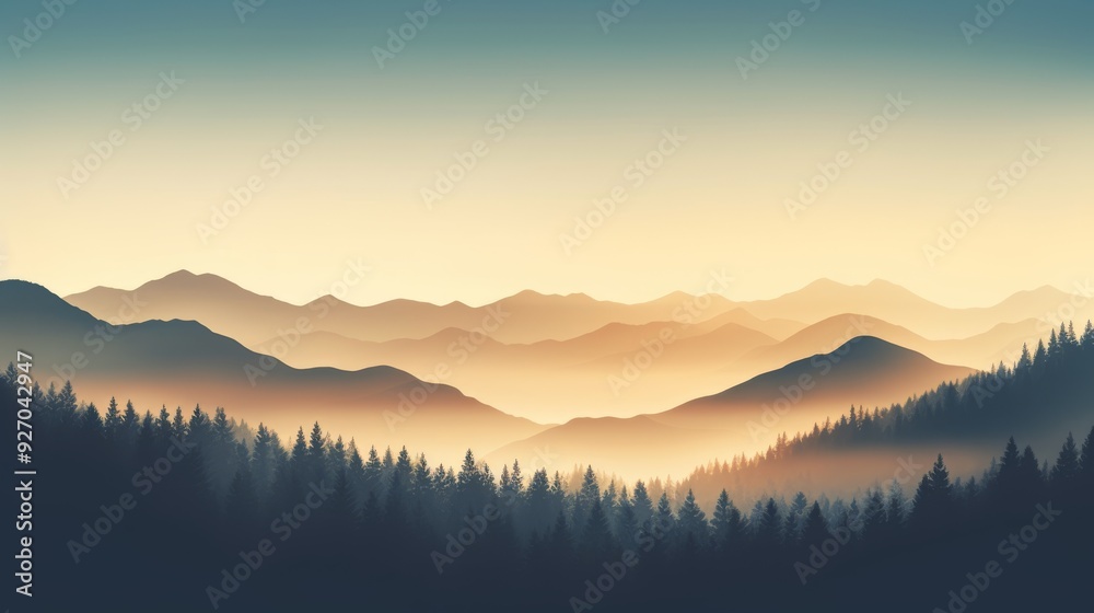 Photograph of a misty mountain range with pine trees silhouetted against the sunrise, in a hipster retro style. Photograph of a misty mountain range with pine trees silhouetted against the sunrise, in a hipster retro style.