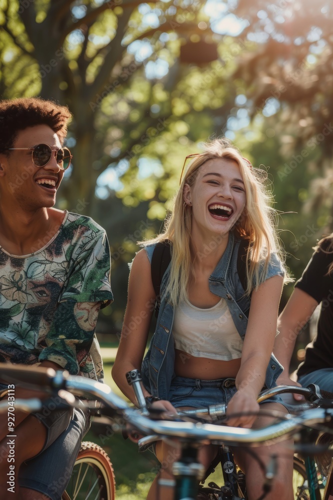 Obraz premium Friends Enjoying a Casual Bike Ride in a Lush Green Park, Laughing and Chatting