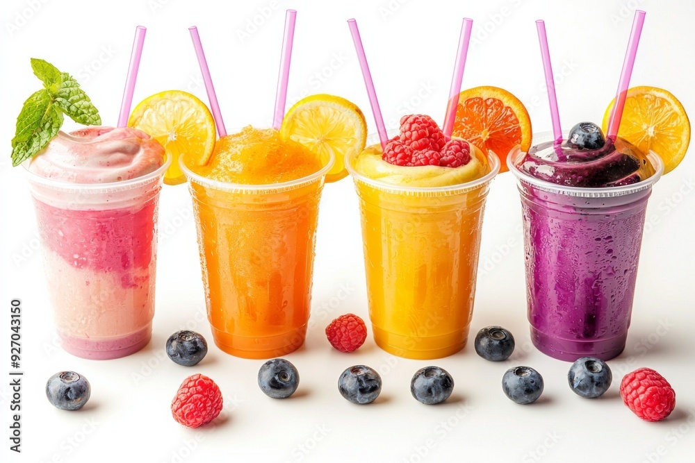 Juices and Floats in Plastic Cup on white background created with Generative AI Juices and Floats in Plastic Cup on white background created with Generative AI