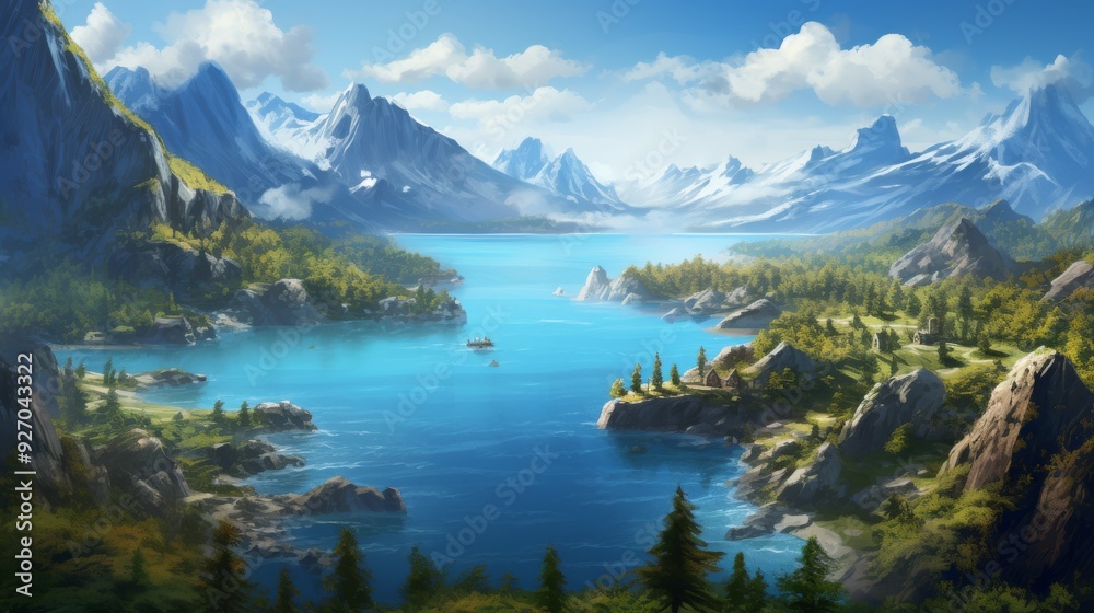 Panoramic view of an island with a rugged mountain, forest, and bright blue water Panoramic view of an island with a rugged mountain, forest, and bright blue water