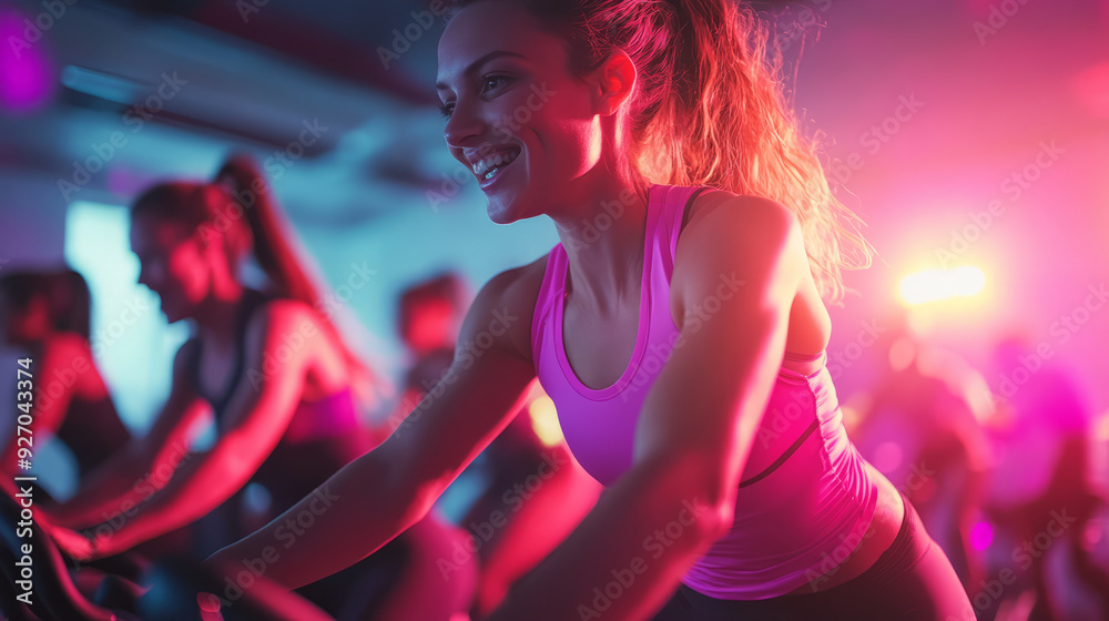 A group of people in a spin class with energetic lighting and music