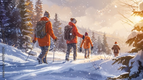 Family Enjoying Winter Hike in Snowy Forest - Perfect for Holiday Greeting Cards and Winter Posters