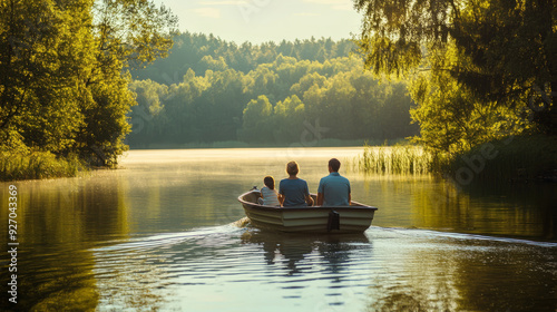 A family taking a boat ride on a calm lake surrounded by nature