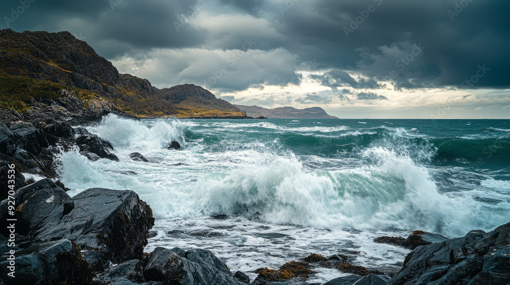 Obraz premium A rocky coastline with waves crashing against the shore under a cloudy sky