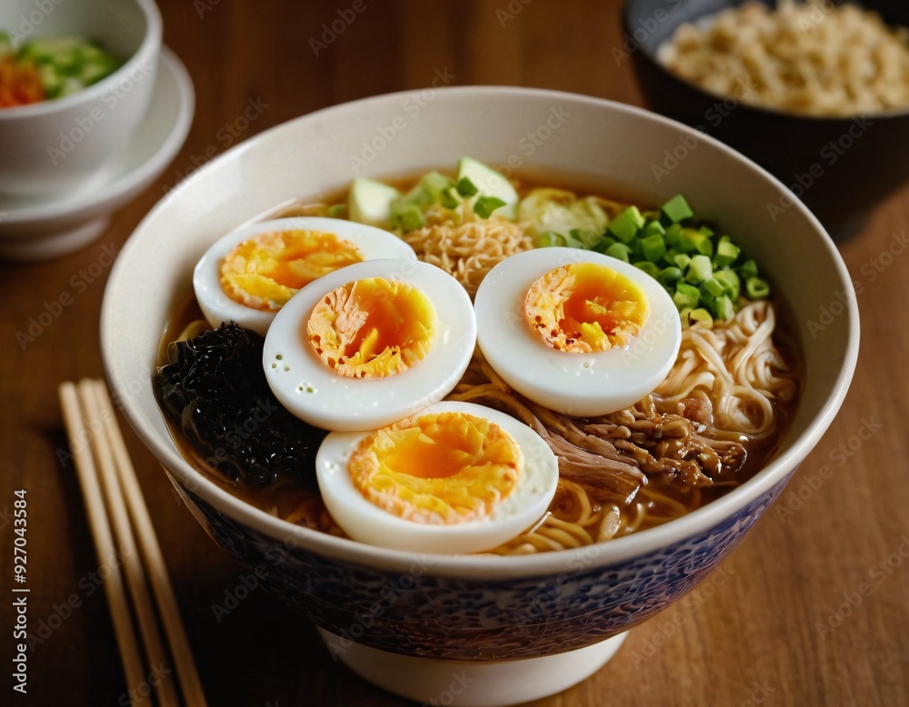 Steaming Bowl of Ramen with Soft-Boiled Egg and Toppings. Ai generated image.
Steaming Bowl of Ramen with Soft-Boiled Egg and Toppings. Ai generated image.