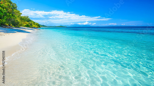 A serene seaside view with crystal clear water and a white sandy beach