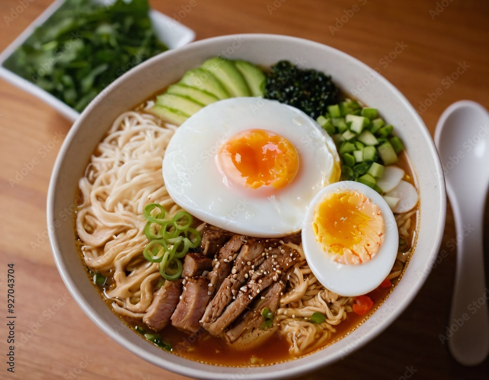 Steaming Bowl of Ramen with Soft-Boiled Egg and Toppings. Ai generated image.
Steaming Bowl of Ramen with Soft-Boiled Egg and Toppings. Ai generated image.