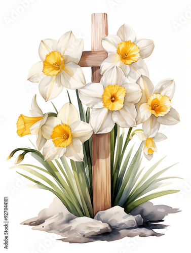 Daffodils In Full Bloom Surrounding A Wooden Cross In A Beautiful Easter Illustration