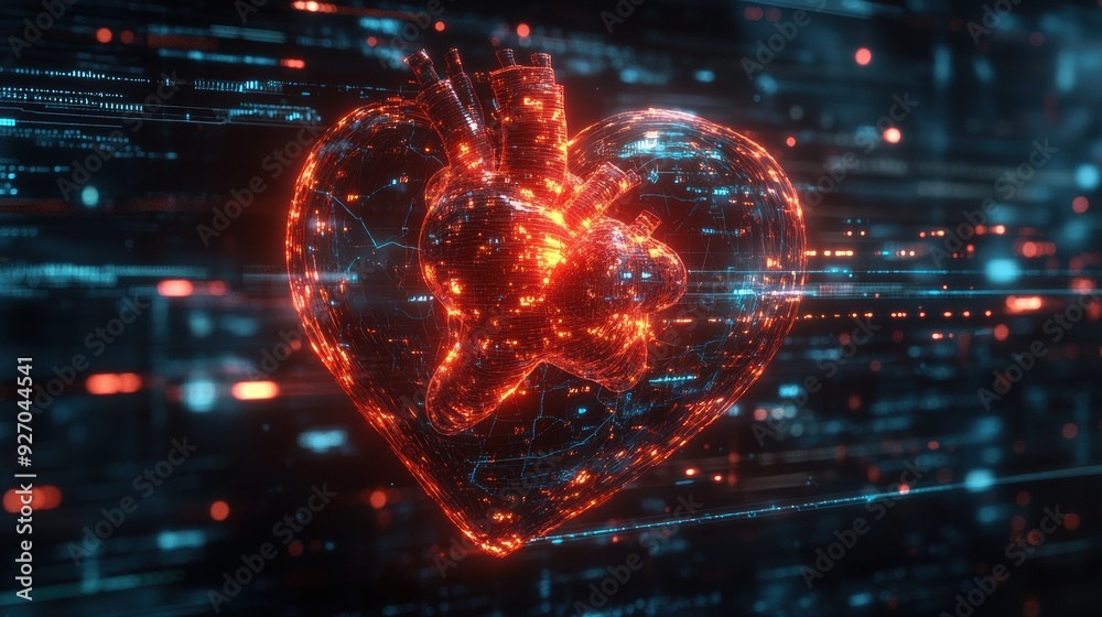 Obraz premium A glowing red heart with a digital heartbeat line in the background, representing health and technology