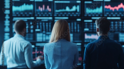Professionals analyze financial data on digital screens in a modern office environment, focusing on market trends and analytics.