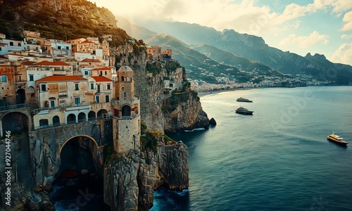 Landscape with Atrani town at famous amalfi coast, Italy