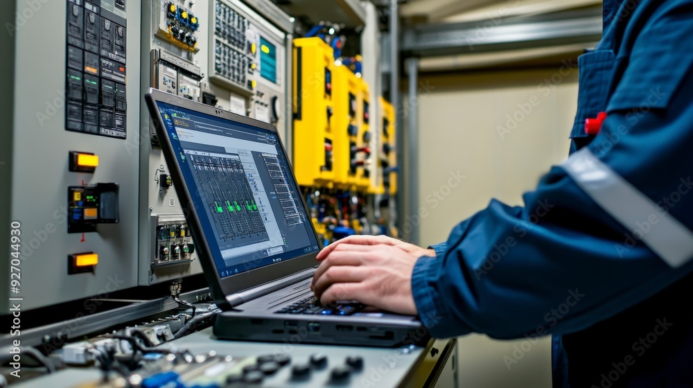 A man in blue workwear uses a laptop computer while standing in front of an industrial control panel.