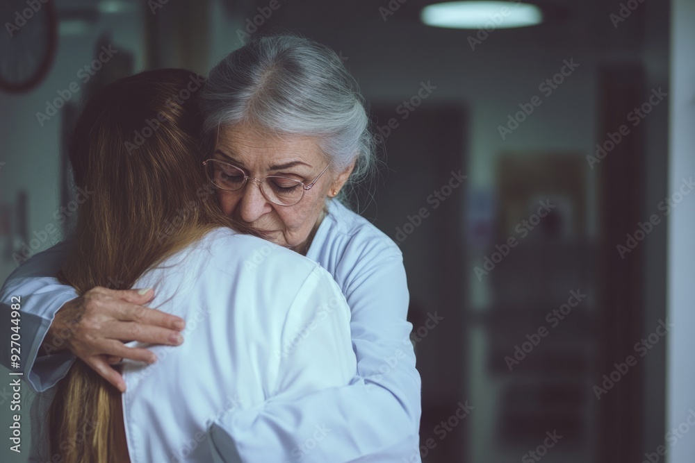 Obraz premium nurse doctor senior care caregiver help assistence retirement home nursing elderly sad depression alone loneliness health support family hand shoulder daughter 
