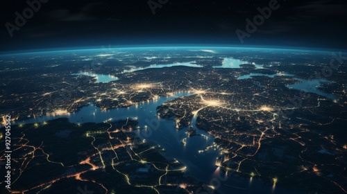 Earth from outer space during night, illuminated urban areas visible