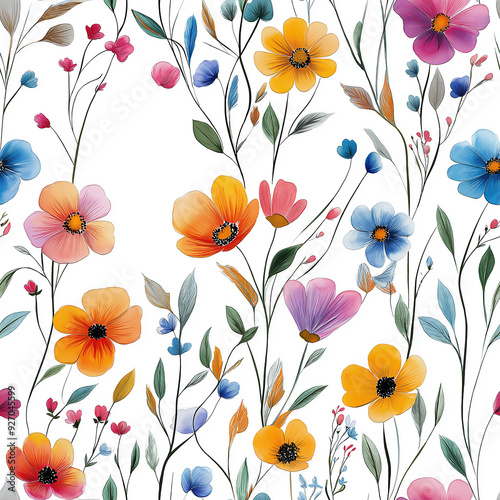 handdrawn painting of cute and beautiful flowers, white background