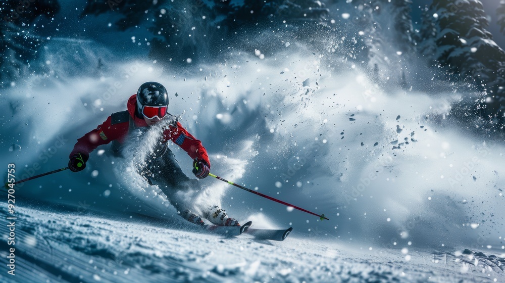 Professional Ski Racer Navigating a Slalom Course with Precision and Speed on a Snowy Mountain Slope Professional Ski Racer Navigating a Slalom Course with Precision and Speed on a Snowy Mountain Slope