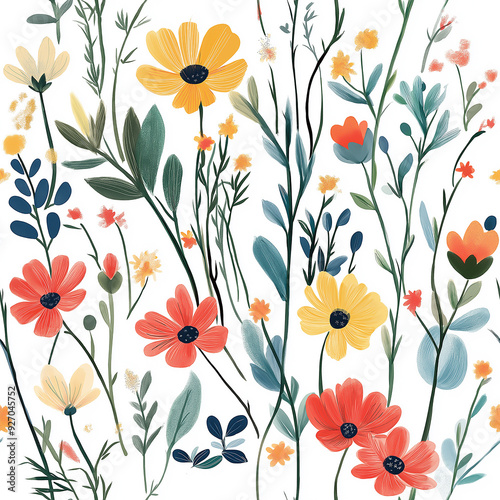 handdrawn painting of cute and beautiful flowers, white background