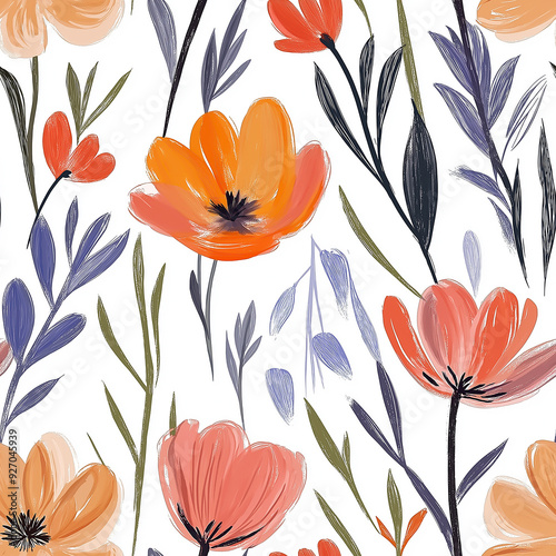 handdrawn painting of cute and beautiful flowers, white background