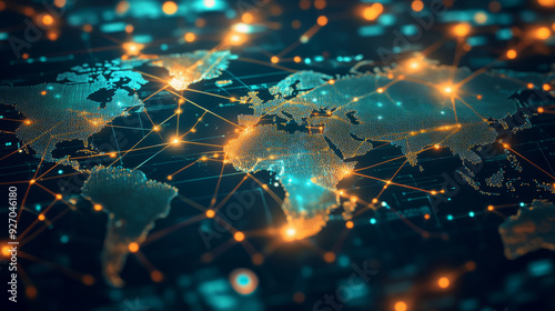 A global map with blockchain nodes highlighted, representing decentralized networks