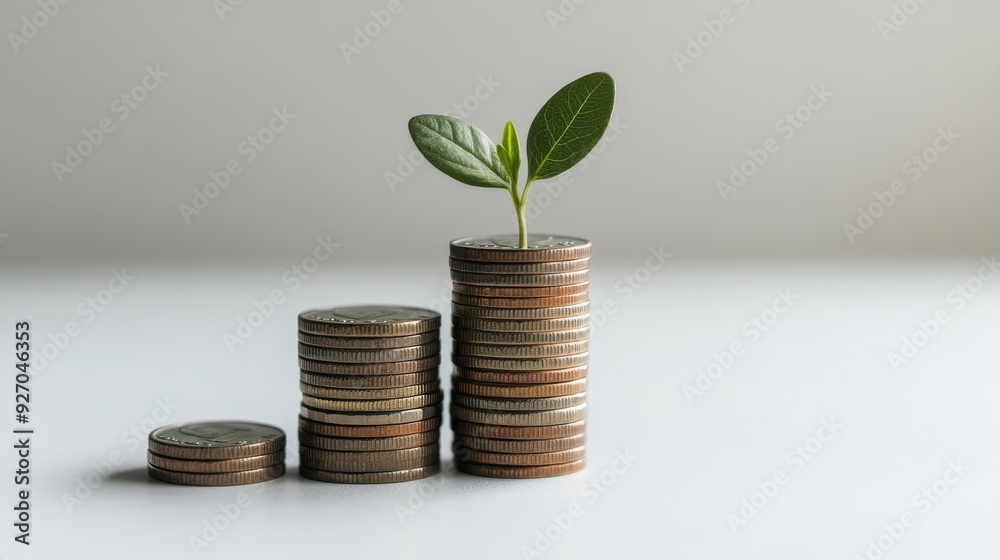 An increasing stack of coins with a small sprout growing from the top coin, showcasing financial advancement, with a clean white background An increasing stack of coins with a small sprout growing from the top coin, showcasing financial advancement, with a clean white background