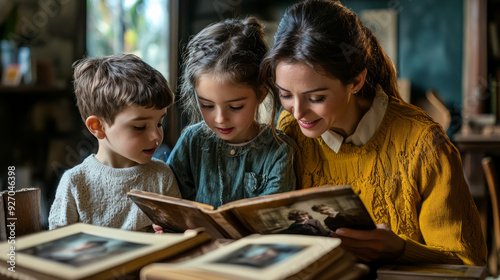 A mother and her kids looking through old photo albums and reminiscing