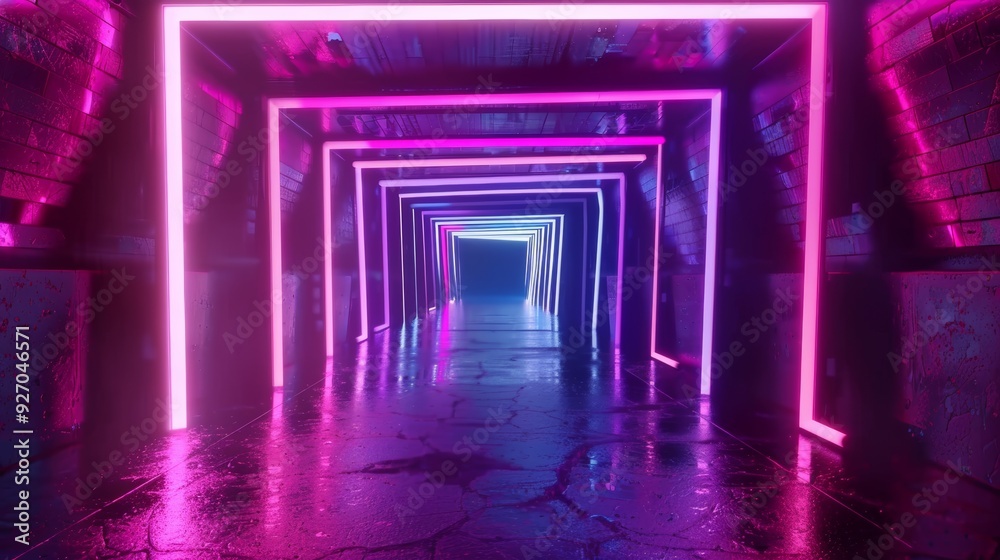 Abstract neon tunnel with 3D rotating square frames, looped animation, vivid colors Abstract neon tunnel with 3D rotating square frames, looped animation, vivid colors