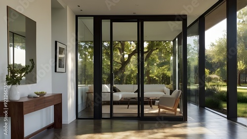 A sleek, modern glass door slightly ajar, revealing a bright, sunlit room beyond -