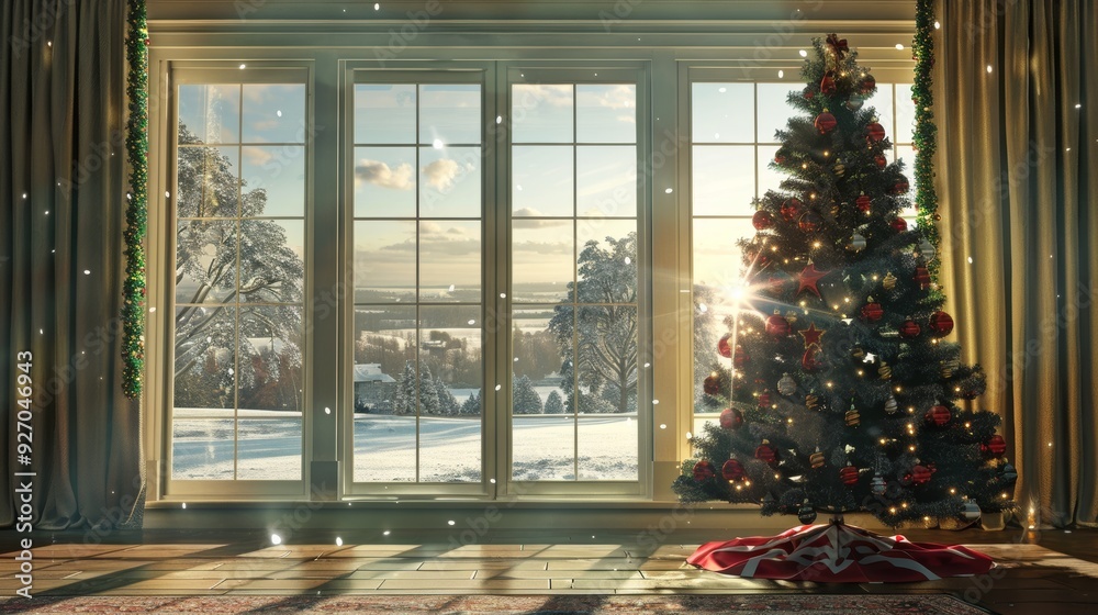 Nostalgic Christmas Tree by the Window with Heirloom Ornaments and Snowy Landscape Nostalgic Christmas Tree by the Window with Heirloom Ornaments and Snowy Landscape
