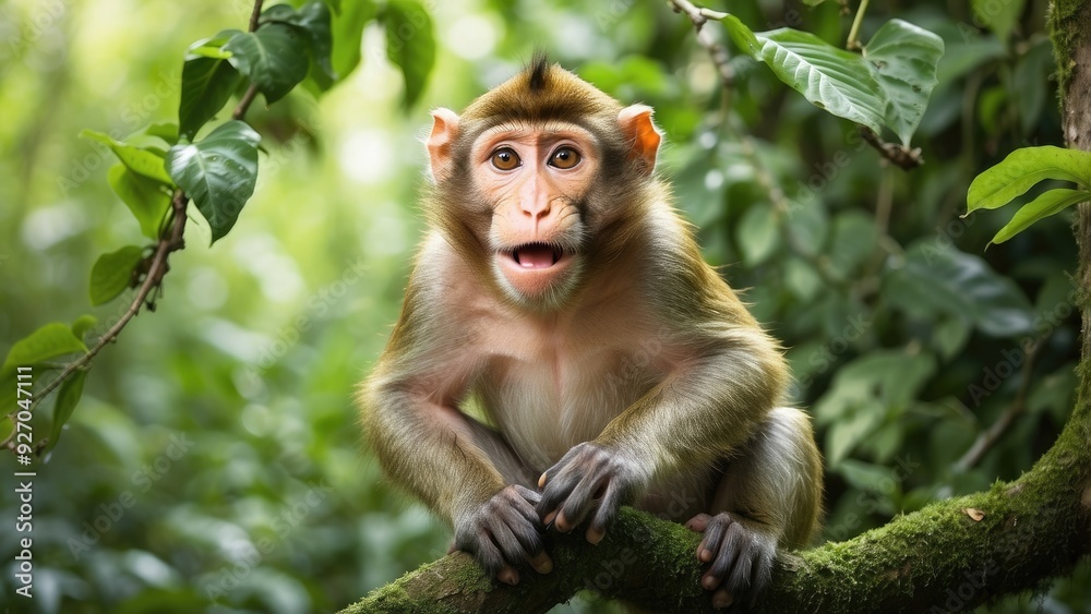 Playful monkey swinging from tree to tree in a dense jungle, mischievous expr Playful monkey swinging from tree to tree in a dense jungle, mischievous expr