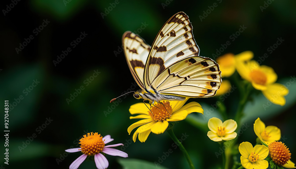 Fototapeta premium A butterfly is sitting on a yellow flower