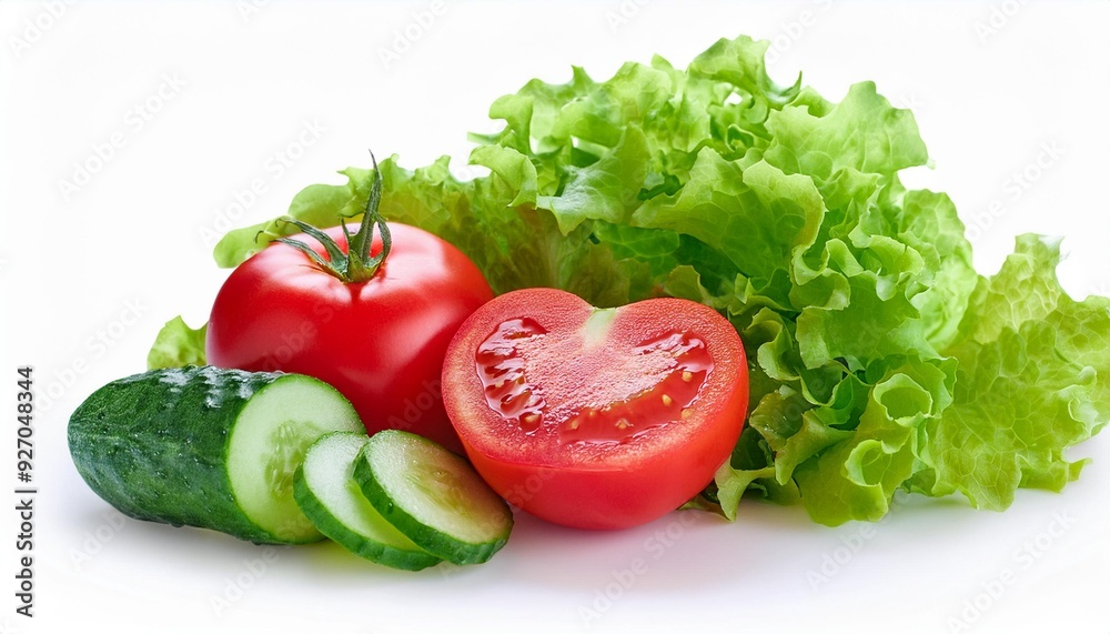 Fresh Salad Ingredients Isolated: Tomato, Cucumber, and Lettuce on White Fresh Salad Ingredients Isolated: Tomato, Cucumber, and Lettuce on White