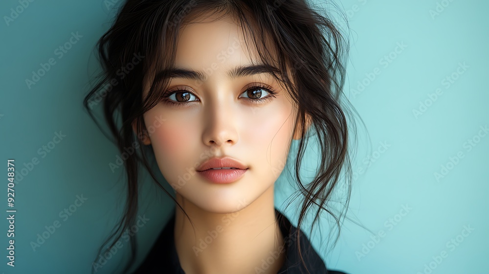 Portrait of a young woman with long dark hair, looking at the camera. Portrait of a young woman with long dark hair, looking at the camera.