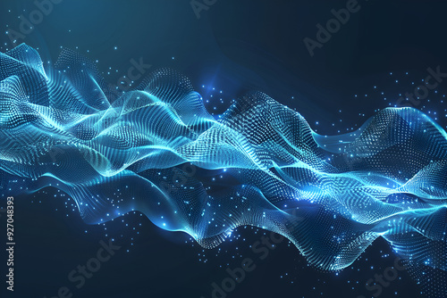 Abstract Blue Waves with Glowing Dots, Mesmerizing Digital Wave of Flowing Particles in a Futuristic 3D Fractal Landscape
