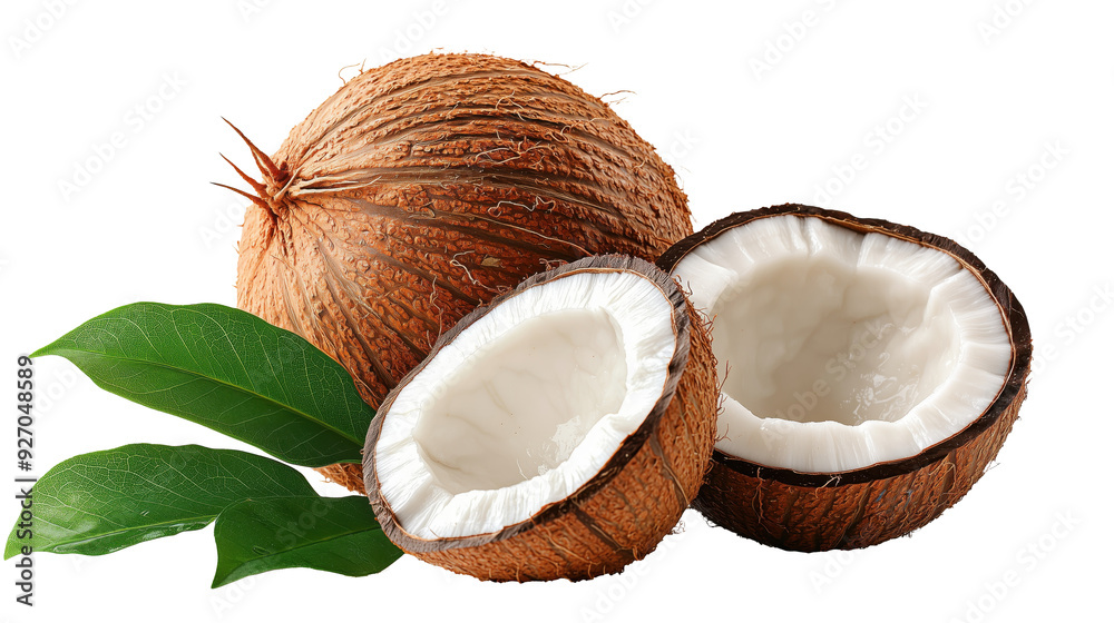 PNG coconut with its half, broken coconut, transparent image