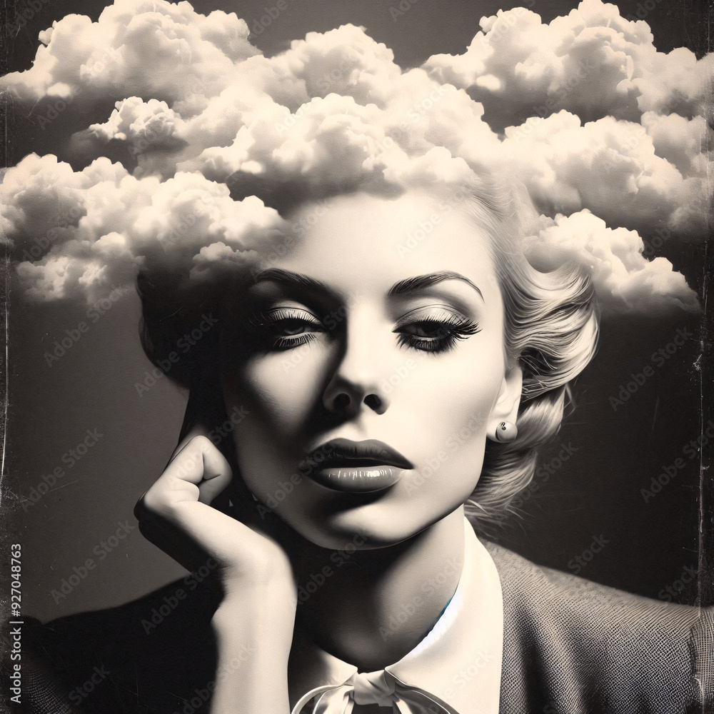 Portrait of a woman with clouds in her head. Black and white photo. Vintage poster style photography. Portrait of a woman with clouds in her head. Black and white photo. Vintage poster style photography.